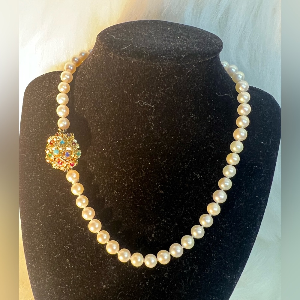 Vintage Pearls Necklace 14K Gold Multi-gems❤️💜💚💙🩵